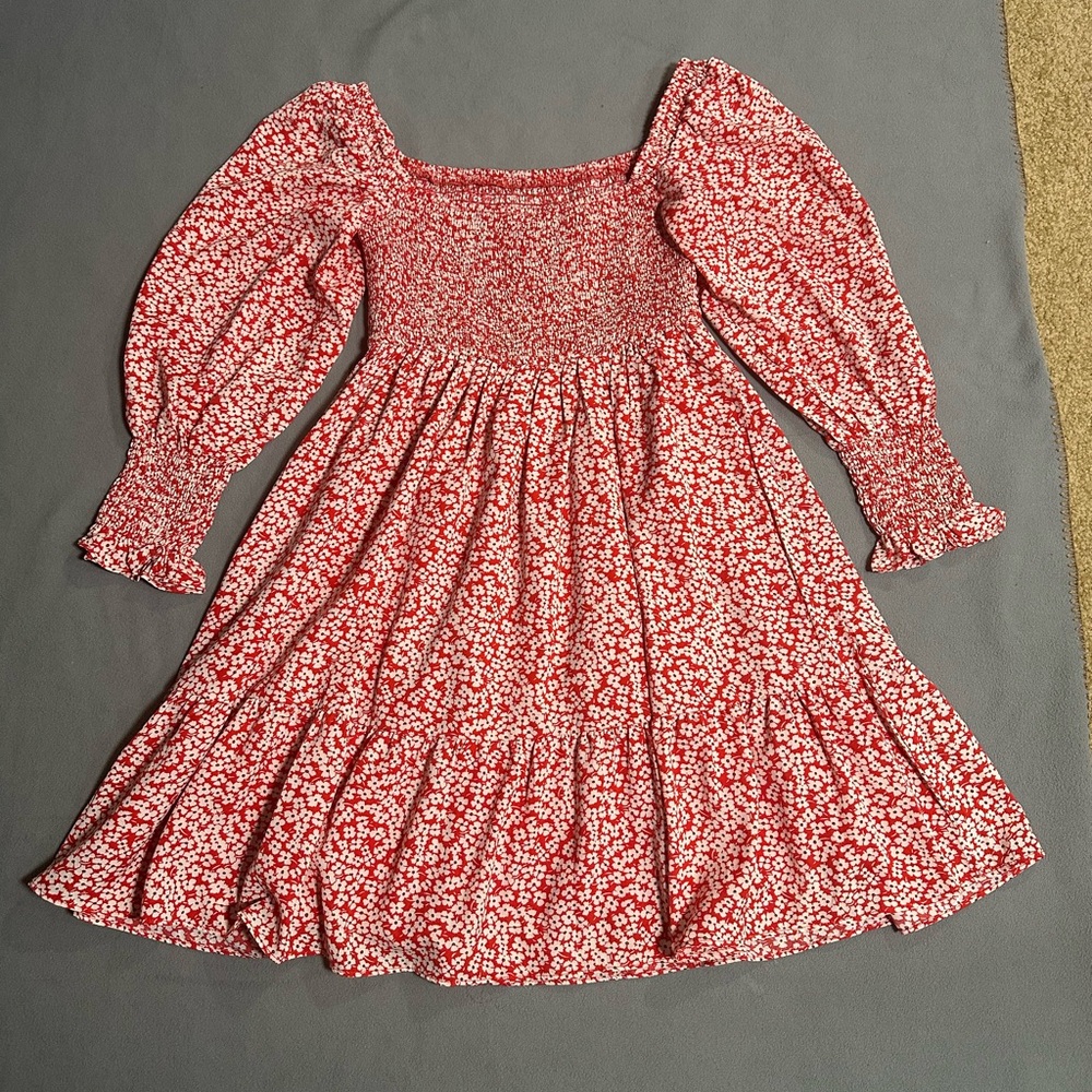 Floral Red Off-Shoulder and Square Collar Dress